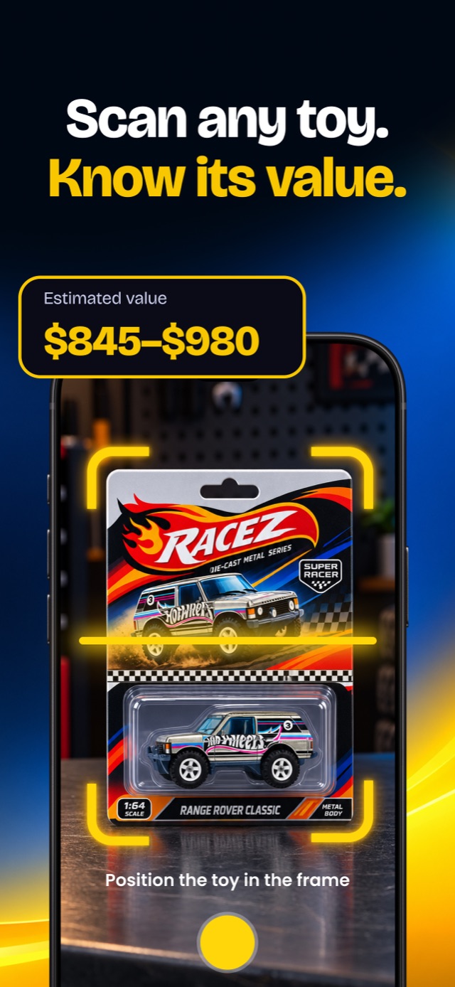Scanning a boxed die-cast car and showing an estimated value of $845 to $980