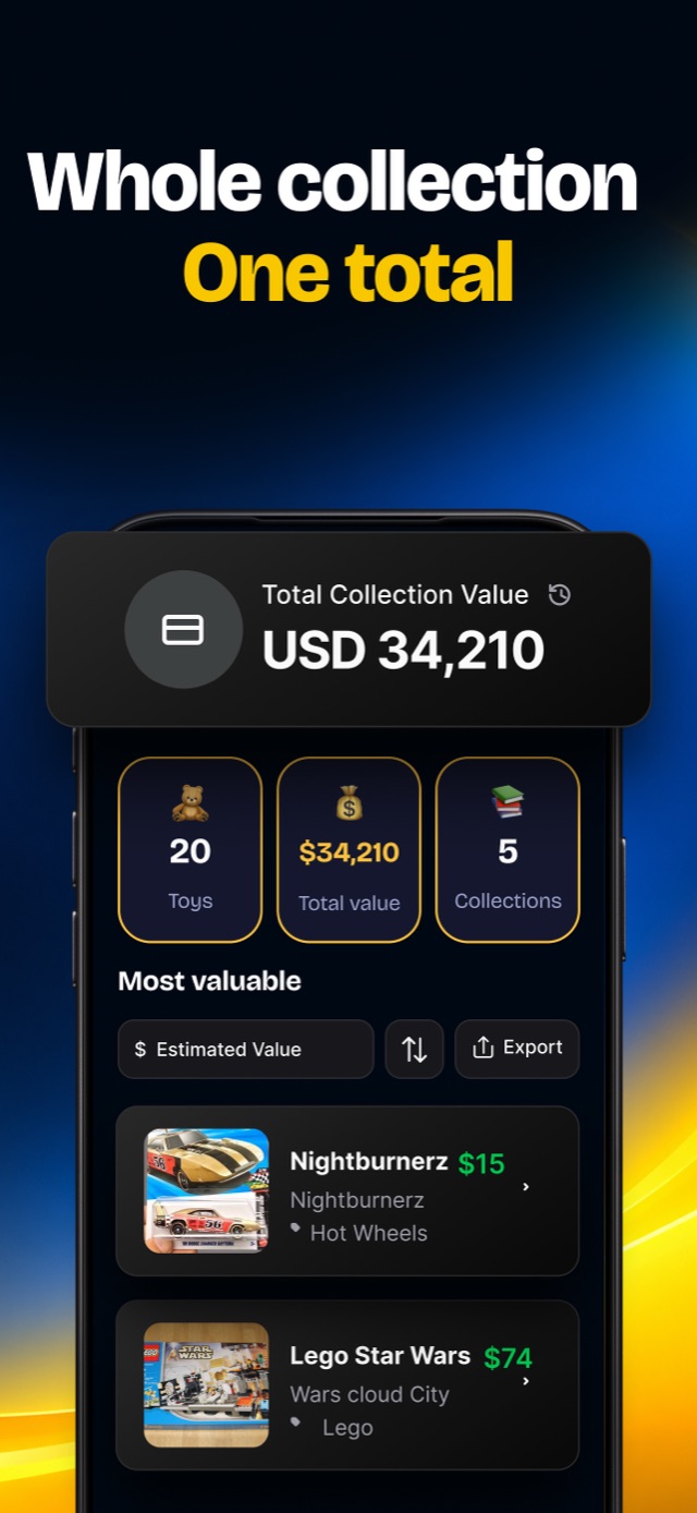 Collection overview with toy count, total value, number of collections, and most valuable toys